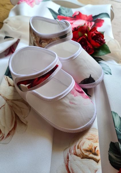 Festliche Baby-Schuhe Rose in Ecru, Rot und Grün - Bufi 
